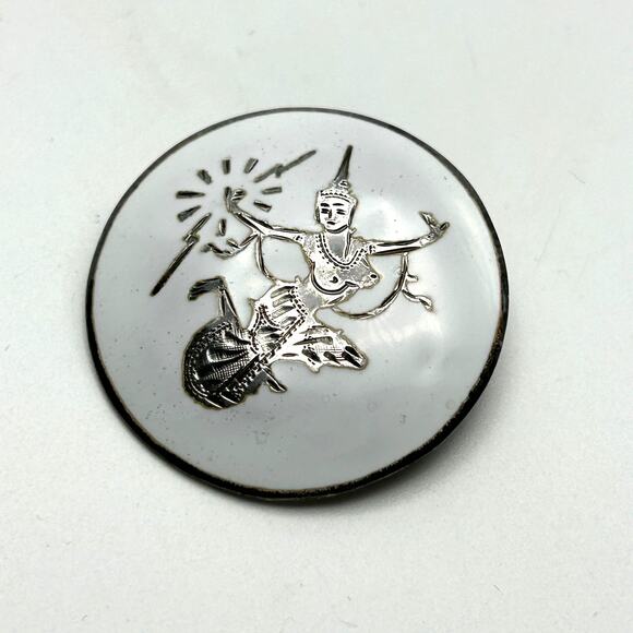 Vintage Siam Sterling Silver Brooch White Enamel Dancing Thai Goddess Signed - Picture 1 of 4